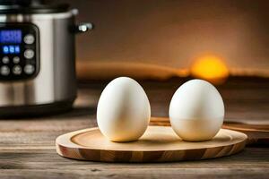 two eggs on a cutting board next to an instant pot. AI-Generated photo