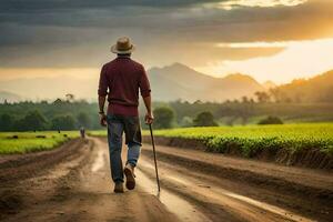 un hombre caminando en un suciedad la carretera con caña. generado por ai foto