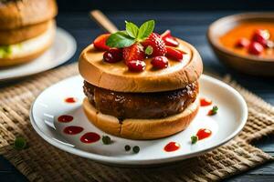 a hamburger with sauce and strawberries on a plate. AI-Generated photo