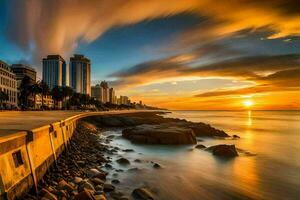 el Dom conjuntos terminado el Oceano y edificios en el antecedentes. generado por ai foto