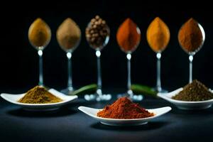 a variety of spices in bowls on a black background. AI-Generated photo