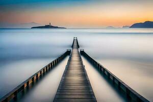 a long exposure photograph of a pier stretching into the ocean. AI-Generated photo