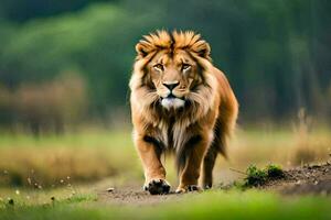 a lion walking on a path in the wild. AI-Generated photo