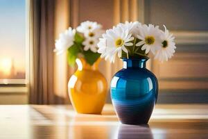 two vases with daisies on a table in front of a window. AI-Generated photo