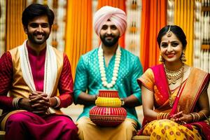 a couple and their child in traditional indian attire. AI-Generated photo