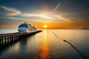 un crucero Embarcacion atracado a el muelle a puesta de sol. generado por ai foto