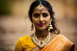 a beautiful indian woman wearing a traditional sari. AI-Generated photo