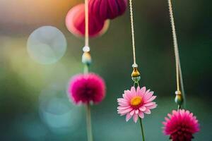 pink flowers hanging from strings with a blurry background. AI-Generated photo