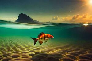 un pescado nadando en el Oceano con un montaña en el antecedentes. generado por ai foto