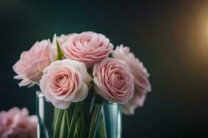 pink roses in a glass vase on a dark background. AI-Generated photo