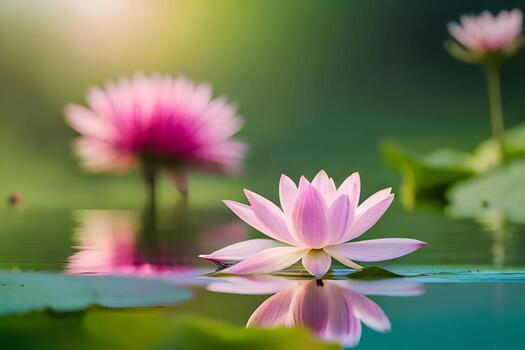 rosado loto flor en el agua con verde hojas. generado por ai foto