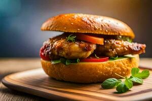 a chicken sandwich with tomatoes and herbs on a wooden board. AI-Generated photo