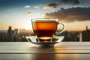 a cup of tea on a wooden table in front of a cityscape. AI-Generated photo