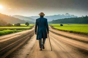 un hombre en un azul traje camina abajo un suciedad la carretera. generado por ai foto