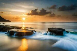 the sun sets over the ocean in this photo. AI-Generated photo