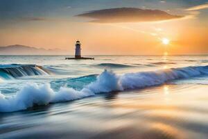 a lighthouse stands in the middle of the ocean at sunset. AI-Generated photo