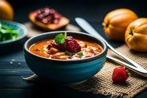 a bowl of soup with berries and a spoon. AI-Generated photo