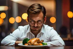 un hombre es sentado a un mesa con un plato de alimento. generado por ai foto