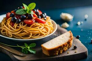 spaghetti with berries and mint leaves on a wooden board. AI-Generated photo