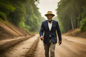 a man in a suit and hat walking down a dirt road. AI-Generated photo