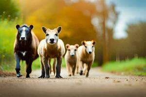 a group of sheep walking down a road. AI-Generated photo