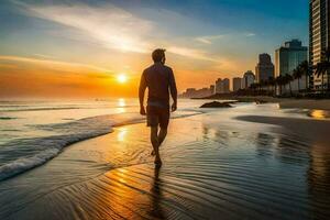 un hombre caminando en el playa a puesta de sol. generado por ai foto