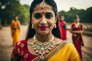 un mujer en tradicional indio atuendo. generado por ai foto