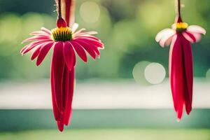 two pink flowers hanging from a string. AI-Generated photo