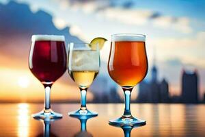 three glasses of different drinks on a table. AI-Generated photo