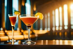 two cocktails sit on a table in front of a window. AI-Generated photo
