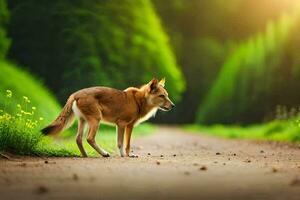 a red wolf standing on a dirt road in the middle of a forest. AI-Generated photo