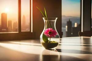 un florero con un rosado flor en eso en un mesa en frente de un ciudad. generado por ai foto