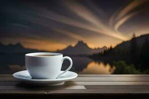 un taza de café en un de madera mesa en frente de un lago a puesta de sol. generado por ai foto