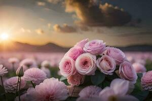 rosado rosas en un campo a puesta de sol. generado por ai foto