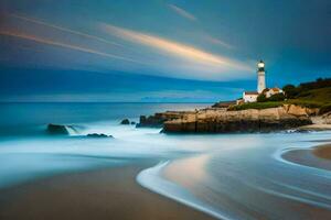 a lighthouse is seen in the distance on a beach. AI-Generated photo