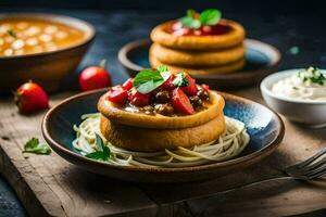 un plato de espaguetis con carne y salsa en cima. generado por ai foto