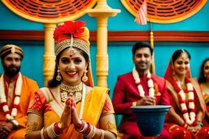 un novia en tradicional indio atuendo con su familia. generado por ai foto