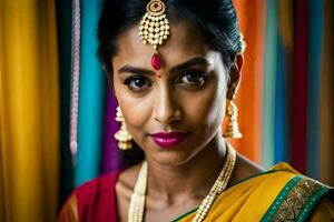 un hermosa indio mujer vistiendo joyería y un sari. generado por ai foto