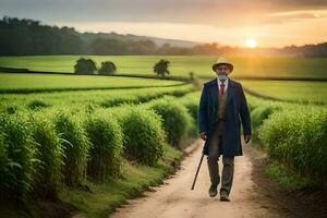 a man in a suit and tie walking through a field. AI-Generated photo