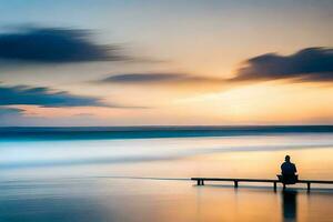 a man sitting on a pier watching the sunset. AI-Generated photo