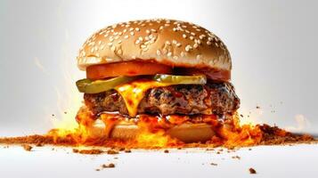 Burger in white background. Hot tasty spice meat and cheese melting hamburger. AI Generated photo