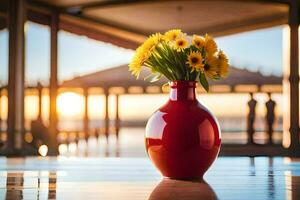 sunflowers in a red vase on a table. AI-Generated photo