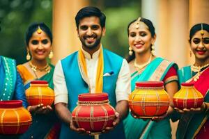 a group of people in traditional indian clothing holding pots. AI-Generated photo