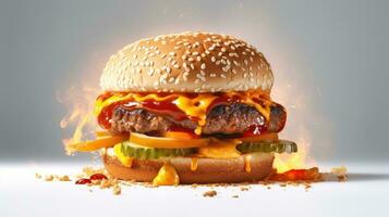 Burger in white background. Hot tasty spice meat and cheese melting hamburger. AI Generated photo