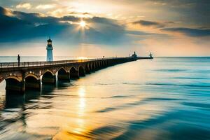 a long pier with a lighthouse at sunset. AI-Generated photo