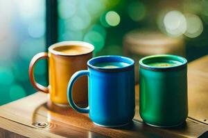 dos vistoso café tazas en un de madera mesa. generado por ai foto