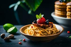 spaghetti with berries and nuts on a wooden table. AI-Generated photo