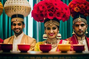 a bride and groom in traditional indian attire. AI-Generated photo