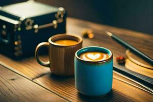coffee and a notebook on a wooden table. AI-Generated photo