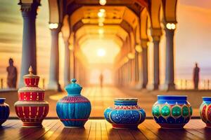 colorful vases lined up on a wooden floor. AI-Generated photo